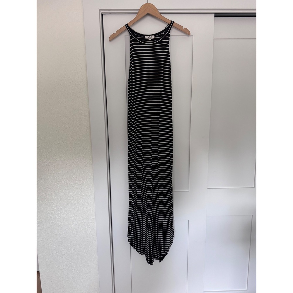 LNA Womens Black White Striped Sleeveless Racerback Maxi Dress Shirttail Hem S